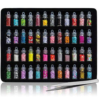 FAMEZA 3D Nail Art Decoration Mini Bottles - 48 Glass Bottles With Free Nail Art Tweezer