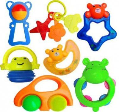 Famous Quality® Interlocking Rattle Set for New Born Babies with Attractive Colors and Khanjari Rattle (1 Set of 7 Rattle , Multi Color)