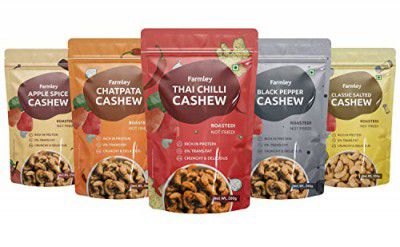 Farmley Premium Chatpata,Thai Chilli,Black Pepper,Apple Spice & Classic Salted Flavoured Roasted Dry Nut Cashew Snacks Combo Pack, each 200 gm | Rich in Protein | Crunchy & Delicious