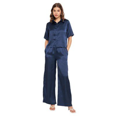 Fashfun Women's Co-ord Set (Dark Blue Solid Satin Shirt with Straight Pant)
