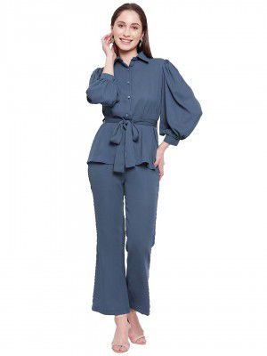 Fashfun Womens co-ord Set (Solid Crepe tie-up Shirt and Bootcut Pant Set)