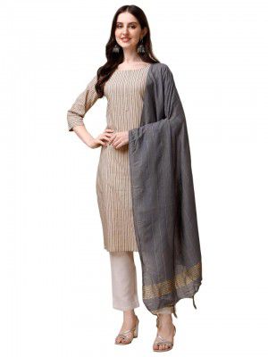Fashion Basket Women Cotton Striped Printed Kurta Set with Pant & Dupatta (Small, Beige)