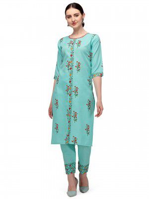 Fashion Basket Women's Cotton Blend Embroidered Straight Kurta Set