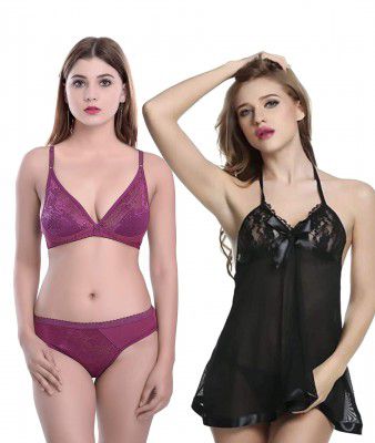 Fashion Comfortz Women Cotton Satin Blend Babydoll Sleepwear Lingerie Night Dress Nightwear Honeymoon Dresses