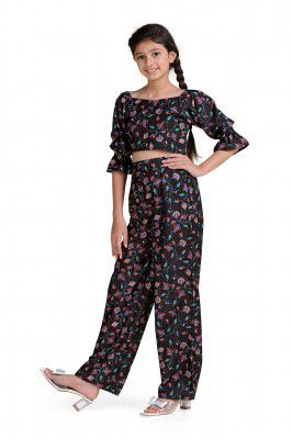 Fashion Dream Girl’s Black Ethnic Wear Polyester Blend Printed Crop Top with Pant Set