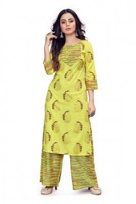 Fashion Dream Womens Rayon Slub Printed Readymade Kurta Palazzo Set