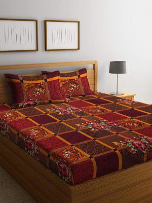 Fashion String Microfibre 120 TC Geometric Print Double Bedsheet with 2 Pillow Covers (Brown)