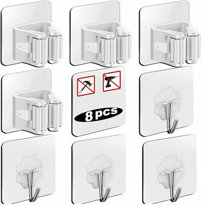 FASTIVEN 4 Pack Hook, Broom Gripper Holds Self Adhesive Reusable No Drilling Anti-Slip, Wall Mounted Storage Rack Storage & Organization for Home, Kitchen and Wardrobe