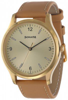 Fastrack Leather Sonata Quartz Analog Champagne Dial Watch for Men-77082Yl07, Band Color:Brown