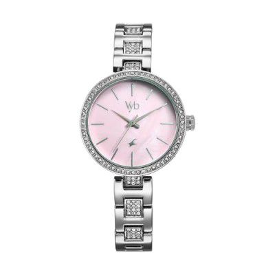 Fastrack Vyb Quartz Analog Pink MOP Dial Steel Alloy Strap Watch for Women-FV60055SM01W