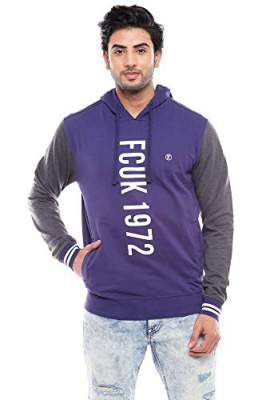 FCUK Mens Hooded Neck Graphic Print Sweatshirt (Blue)
