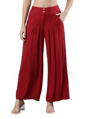 Femmora Comfortable Fit Flared Leg Pleated Palazzo, Soft and Lightweight Rayon Fabric with Front Zip Button Closure and 2 Side Pockets