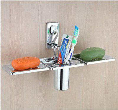 Ferio Stainless Steel Double Soap Dish with Tumbler Holder/Soap Stand/Tooth Brush Holder/Bathroom Accessories Wall Mounted Chrome Finish(Pack of 1)