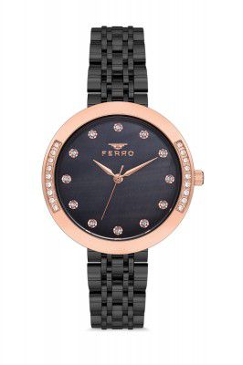 Ferro Analog Crystals Studded Round Dial Women's Watch with Bracelet Strap