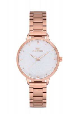 Ferro Analog Crystals Studded Round Dial Women's Watch with Bracelet Strap