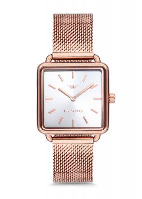 Ferro Lucca Rose Gold, Mesh Strap, Analog Square Dial Watch