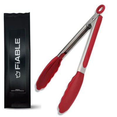 FiABLE Premium Steel and Silicone Food Tongs for Kitchen, Barbeque and Serving - 10 inch
