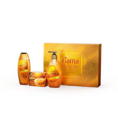 Fiama Gift Set Luxury Gold Collection Pack of 3, Gift Box with Body Wash Shower Gel 250ml, Gel Bar Soap 125g, Hand Wash 400ml