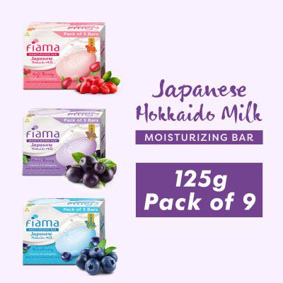 FIAMA Moisturising Soap Bars, Japanese Hokkaido Milk & Berries, 125gX9, Nourished Skin (9 x 125 g)