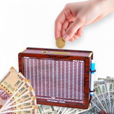 Fiddlys Wooden Money/Piggy Bank, Money Coin Box for Kids/Children, Savings Challenge Box