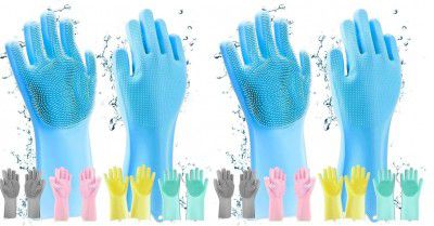 FILOPPS Silicone Hand Gloves For Dish Washing Pet Grooming, And Kitchen Pack of 2 (Multicolour)