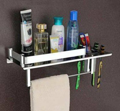 Filox Stainless Steel 3 in 1 Bathroom Shelf/Rack/Towel Hanger/Toothbrush Holder/Towel Rod Stainless Steel Toothbrush Holder Steel Towel Holder