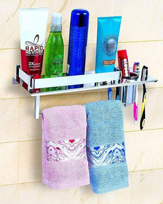 Filox Stainless Steel Multipurpose 2 Tier Bathroom Shelf with Towel Hooks/Bathroom Accessories Wall-Mount (Pack of 1)