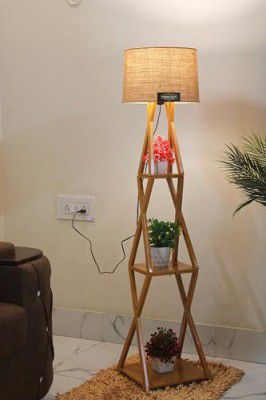 Finautica Wooden Italian Wooden Crafter Standard Size Floor Lamp New Cross Design With Khadi Lamp Shade, Bulb And Holder