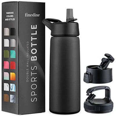 FineDine Triple Insulated Stainless Steel Water Bottle with Straw Lid - Flip Top Lid - Wide Mouth Cap (740 ml) Insulated Water Bottles, Keeps Hot and Cold (Inky Raven Black)