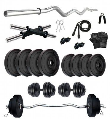 FITMAX PVC 30KG combo 3 WB Home Gym Set with One 3 Ft Curl and One Pair Dumbbell Rods with Gym Accessories