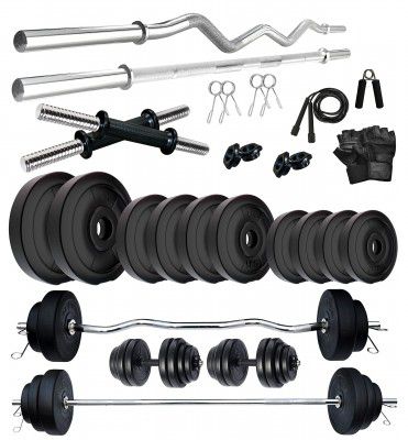 FITMAX PVC 50KG combo 343 WB Home Gym Set with One 3 Ft Curl + One 3 Ft Plain and One Pair Dumbbell Rods with Gym Accessories