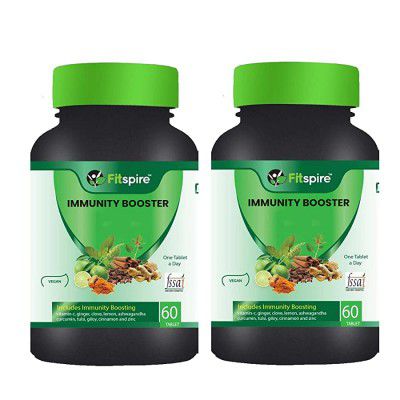 Fitspire Fit Immunity Boosters For Adults with Tulsi Giloy Amla Ginger Ashwagandha Turmeric & Zinc - 60 Tablets (Pack of 2)