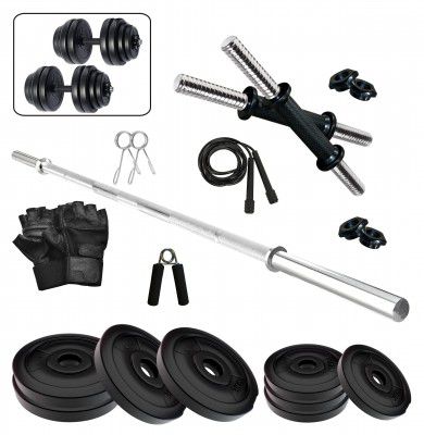 Fitzon PVC 20KG combo 41 WB Home Gym Set with One 5 Ft Plain and One Pair Dumbbell Rods with Gym Accessories