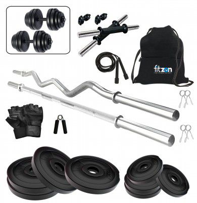 Fitzon PVC 30KG combo 343 Home Gym Set with One 3 Ft Curl + One 3 Ft Plain and One Pair Dumbbell Rods with Gym Accessories