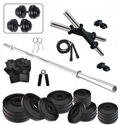 Fitzon PVC 90KG combo 9 WB Home Gym Set with One 4 Ft Plain and One Pair Dumbbell Rods with Gym Accessories