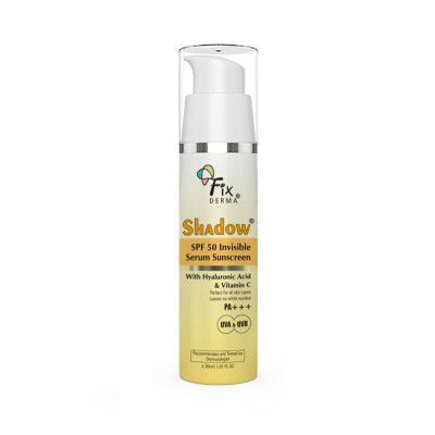 FIXDERMA Shadow Invisible Serum Sunscreen SPF 50+ PA+++|Ultra Lightweight Transparent Sunscreen with Vitamin C & Hyaluronic Acid|No White Cast|For All Skin Types|For Men & Women|Airless Pump 30 ML