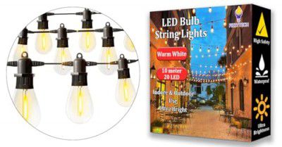 fizzytech Outdoor String Lights 10 Meter 20 1 Watt Shatterproof Bulb Holder Lights Waterproof Connectable Hanging Light