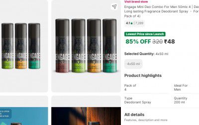 Fk Min Loot : Engage Mini Deo Combo For Men 50mlx 4 | -  For Men (200 ml, Pack of 4)