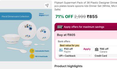 Fk Min Loot : Flipkart Supermart Pack of 36 Plastic Designer Dinner Set