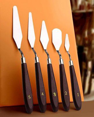 FLADELL ARTS Set of 5 Palette Painting Knives of Various Sizes & Shapes, Stainless Steel Scraper Spatula Polished Brown Handle for Artist Canvas Oil Paint Color Mixing