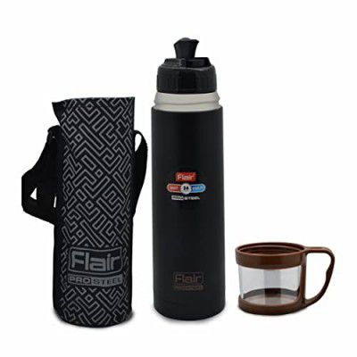 Flair Cappuccino Vacuum Insulated Steel Flask with Drinking Cup Lid and Zipper Bag 500 ML (Black)