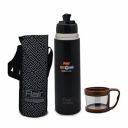 Flair Cappuccino Vacuum Insulated Steel Flask with Drinking Cup Lid and Zipper Bag 500 ML (Black)...