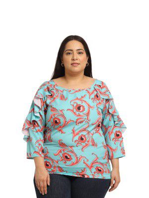 Flambeur 3/4 Sleeve Round Neck Regular Fit Multi Color Crepe Fabric Printed Midi Length Top for Women
