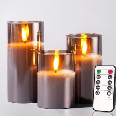 Flameless LED Candles with Remote Controller & Timer | Golden Acrylic Fiber Glass | Set of 3 | (Smoked Grey)