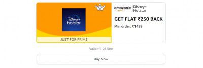 Flat ₹250 back on minimum order ₹1499 on Disney+Hotstar