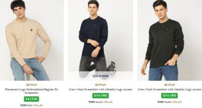 Ajio : Upto 70% Off On Netplay Mens Sweatshirts & Hoodie