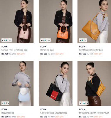 Myntra : Flat 80% OFF ON Fcuk Handbags Starts at Rs 499