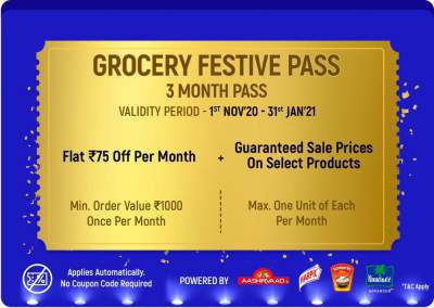 Grocery Festive Pass: Flat 75 Off per Month + Guranteed sale Prices on Selected Products
