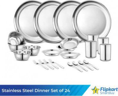 Flipkart SmartBuy Pack of 24 Stainless Steel Kitchen for Home | Heavy Gauge Dinner Set  (Steel, Microwave Safe)