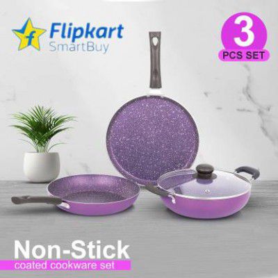 Flipkart SmartBuy Royal Purple Elegant Fry Pan, Dosa Tawa & Kadhai/Kadai With Glass Lid Induction Bottom Non-Stick Coated Cookware Set  (Aluminium, 4 - Piece)